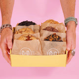 6 x Filled New York Cookies, The Stuffed Centre Box with six chunky stuffed cookies in a yellow Crumbs & Doilies box